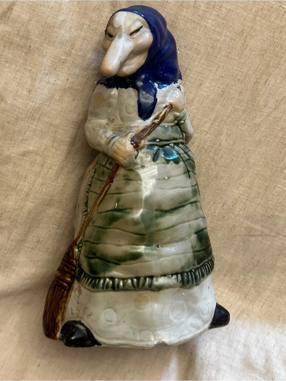 Vintage Ceramic Kitchen Witch Figurine with Broom - Blue Headscarf, Green Apron